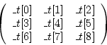\begin{displaymath}
\mathtt{
\left(\begin{array}{ccc}
\_t[0] &\_t[1] &\_t[2]\\
...
...t[4] &\_t[5]\\
\_t[6] &\_t[7] &\_t[8]\\
\end{array}\right)
}
\end{displaymath}